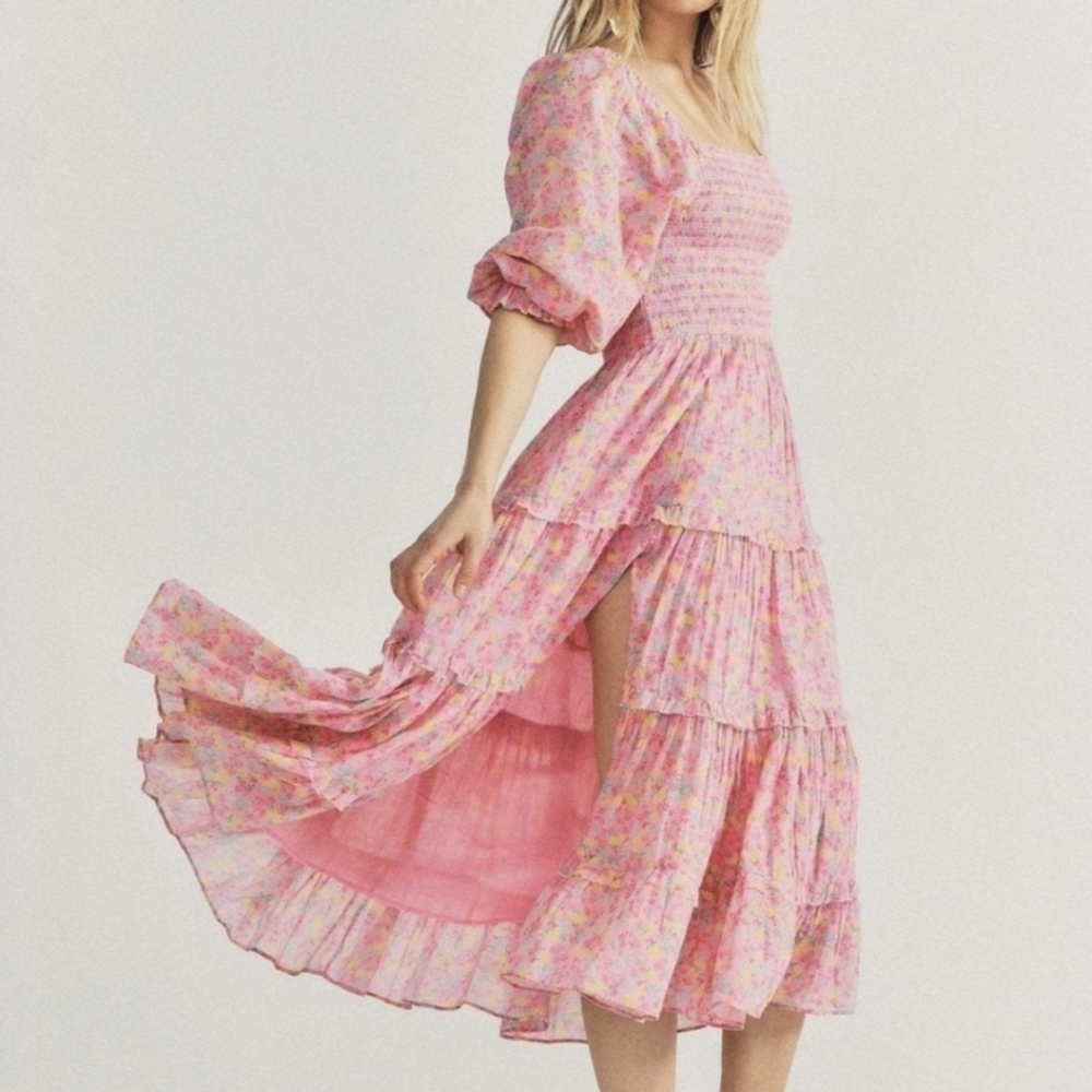 LOVESHACKFANCY Capri Tiered Shirred Midi Dress Size M | Romantic Floral | Fairy